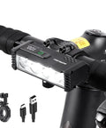 Ultra Hella Bright USB Rechargeable Bike Light With LCD Battery Display, 1800 Lumens, mounted on handlebars with accessories.