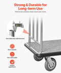 Close-up of stainless steel frame and carpeted deck of hotel luggage cart with 1mm thickness and 6-inch wheels, showing durability features.