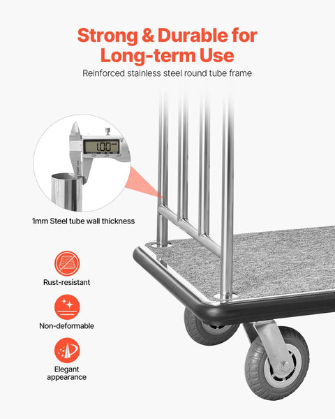Close-up of stainless steel frame and carpeted deck of hotel luggage cart with 1mm thickness and 6-inch wheels, showing durability features.