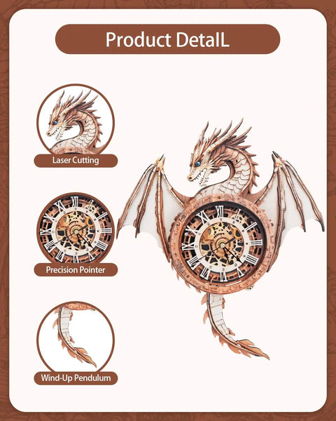 Epic 3D Dragon Clock Kit For Adults With Pendulum Wooden Puzzle Wall Decor Realistic Dragon King Theme Removable Pendulum And Hour Hand Perfect Gift For Men And Women Who Dig Puzzles And Home Decor, wooden laser-cut dragon clock front view