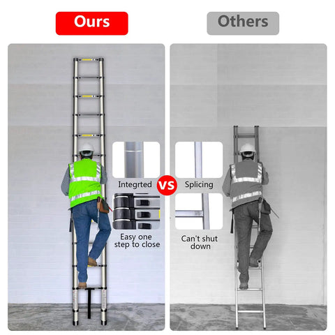 10.5 Ft Aluminum Telescoping Ladder For Home And Job Site, user in green vest climbing with anti-slip feet and compact fold
