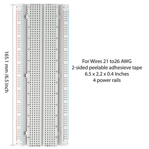 Image of 165.1 mm breadboard with specifications for jumper wires. Part of Three Pack Jumper Wires And Three Solderless Breadboard Sets.