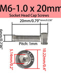 Top Shelf Twenty Count M6 1.0 X 20MM Socket Head Cap Screws Hex Allen Bolts 304 Stainless Steel Machine Fasteners Precision Thread with measurements