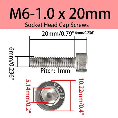 Top Shelf Twenty Count M6 1.0 X 20MM Socket Head Cap Screws Hex Allen Bolts 304 Stainless Steel Machine Fasteners Precision Thread with measurements