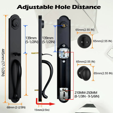 Diagram of Keyed Entry Door Handleset In Matte Black With Full Plate Built To Fit US Doors Adjustable Backset 60mm Or 70mm Movable Hole Position Easy Install Keyed Entry Set For Modern Homes showing dimensions and hole distance adjustments.