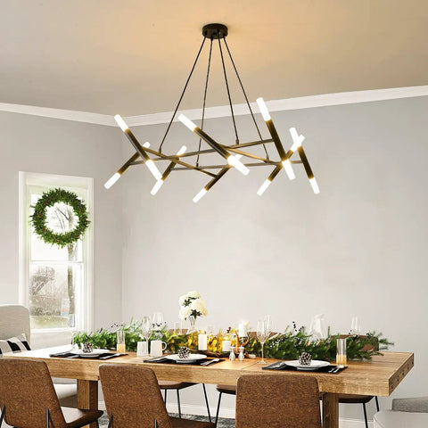 Modern Dope Pendant Lighting Black Linear Chandelier Hanging Light Fixture in dining room with sleek matte black metal arms