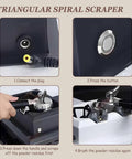 Electric Portafilter Cleaner With Rugged Knock Box showing setup steps for espresso cleanup using a triangular spiral scraper.