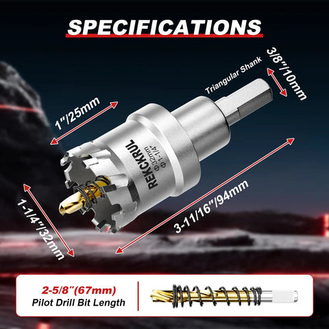 Beefy Heavy Duty TCT Carbide Hole Saw Kit For Metal 1-1/4 Inch 32mm With Titanium-Tipped Teeth, detailed dimensions visible.
