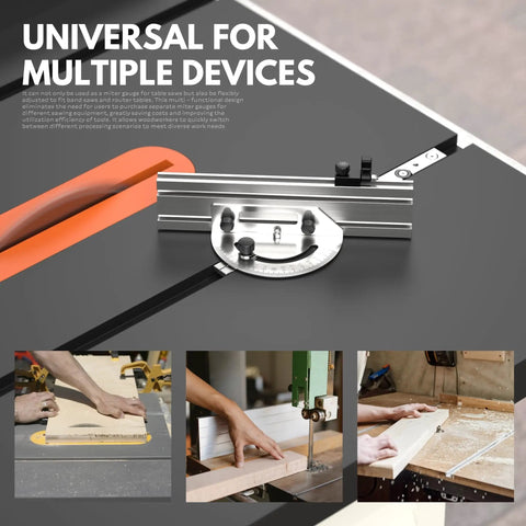 Heavy Duty Precision Miter Gauge For Table Saw With Reliable Miter Fence and Custom T Slot Fit on cutting table with wood pieces.