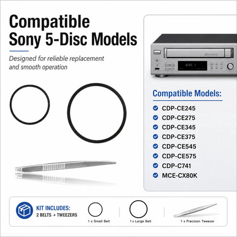 CD Player Belt Replacement Kit For Sony 5 Disc CDP CE245 CE275 CE345 CE375 CE545 CE575 CDP C741 MCE CX80K With Tweezers Durable Japanese Rubber Belts For Smooth Playback And Easy DIY Repairs small and large black belts with tweezers