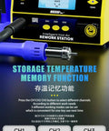 Close-up of DIY Friendly Pro Grade Hot Air Gun Mechanic 861DW Max Plus 1000W Soldering Station with LCD display and settings screen.