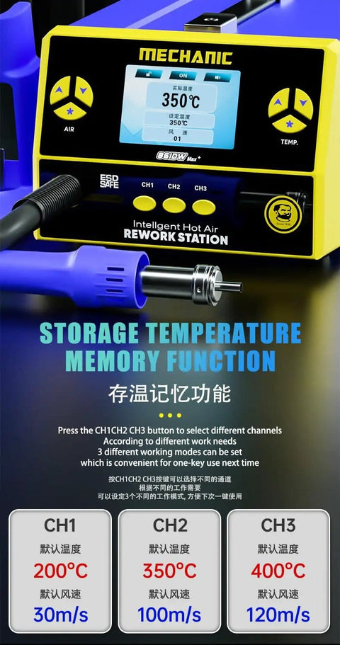 Close-up of DIY Friendly Pro Grade Hot Air Gun Mechanic 861DW Max Plus 1000W Soldering Station with LCD display and settings screen.