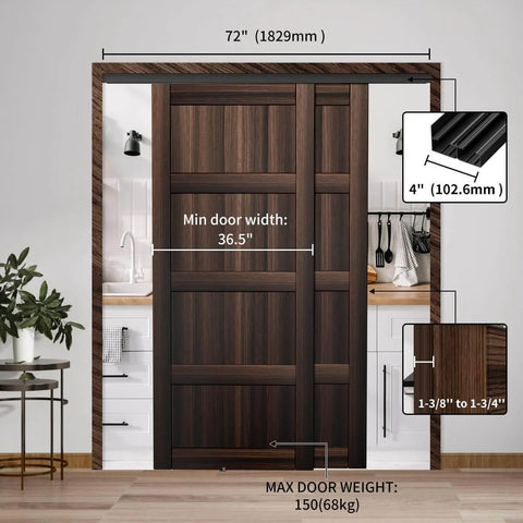 Heavy Duty Bypass Sliding Closet Door Track Set 72 Inch Aluminum Pocket Rail for two doors in kitchen, black finish