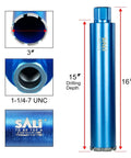 SALI 3-inch wet diamond core drill bit with 1-1/4-7 UNC shank, 15-inch depth, blue laser-welded segments.