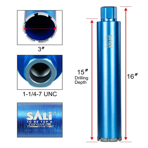 SALI 3-inch wet diamond core drill bit with 1-1/4-7 UNC shank, 15-inch depth, blue laser-welded segments.