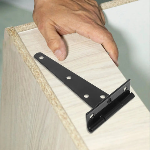 Hand installing Heavy Duty T Shaped Door Hinges Set Of 10 Carbon Steel Cabinet Hinges for home use, black finish on wood surface