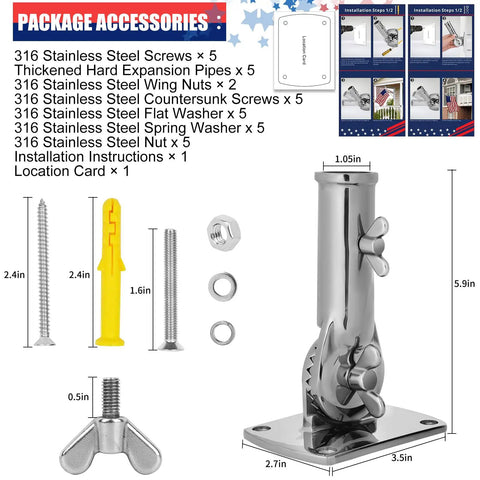 Top Tier Marine Grade 316 Stainless Steel Flagpole Holder With Rock Solid Heavy Duty Adjustable Outdoor Wall Bracket For Houses Mirror Polish Corrosion Proof Flag Mount accessories including screws and washers.