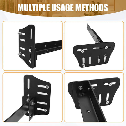 Heavy Duty Queen Bed Headboard Mounting Brackets Two Piece Steel Conversion Kit With Secure Fastening Rock Solid Construction shown from different angles.