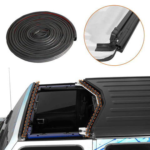 Hardtop Freedom Panel Seal Kit Weather Stripping for 2007-2026 Jeep Wrangler JK JL and Gladiator JT Roof Drip Rail Seals Wind Noise Reduction Leak Fix shown unrolled and installed on Jeep roof panel