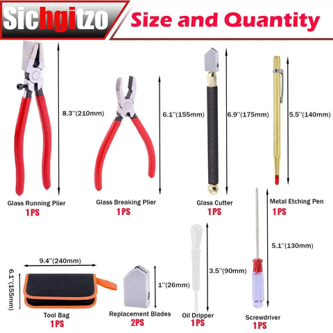 Pro Grade Oil Feed Glass Cutter Kit With 8-Inch Glass Cutting Pliers, 6-Inch Pliers, Glass Cutting Knife, Gold Glass Cutting Pen, Replacement Blades, Crosshead Screwdriver, Leather Zipper Case For Stained Glass, Mosaic, Tiles And Mirrors displayed with dimensions