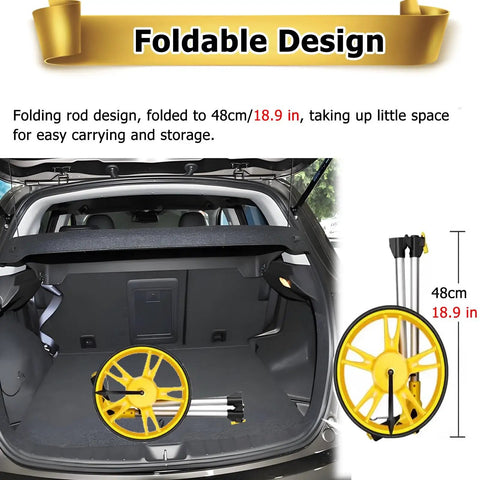 MZZKFC 3.3ft Foldable Mechanical Hand Push Distance Roller Wheel stored in a trunk, compact at 48cm/18.9in for easy transport.