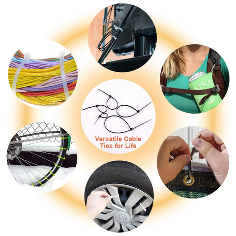 Heavy Duty Zip Ties 700 Count Assorted Cable Ties 4 6 8 10 12 Inch Nylon Self Locking UV Resistant Black shown in various uses