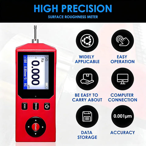 Handheld Surface Roughness Tester For Metal Machining And Quality Control, Pro Grade 0.001 Micron Resolution, red probe meter
