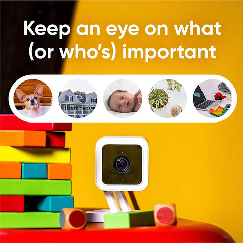 Cam V3 Indoor Outdoor Security Camera With Color Night Vision, 1080p HD, Two Way Audio, on colorful blocks