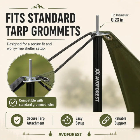 Beefy Heavy Duty Tent Poles for Tarp Adjustable 75 Inch Camping Poles 0.65 Inch Diameter with grommet fitting setup view.