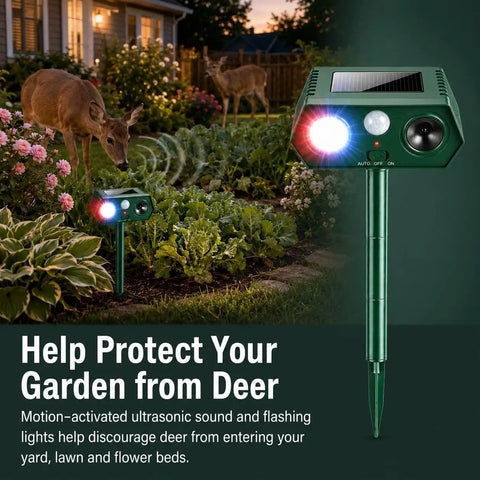 Two Gear Solar Ultrasonic Animal Deterrent With Motion Sensor Strobe Flash Yard Garden Deer Cat Rabbit Repeller For Plants And Vegetables Habituation Proof 2026 Upgrade solar stake in garden with deer