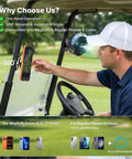 Man adjusting phone holder with magnetic fan on golf cart featuring Magnetic Golf Cart Misting Fan And Phone Holder Gift Set For Dads And Golfers Rechargeable Portable Cooling Accessory For The Course Or Cruise Ezgo Club Car Yamaha Compatible Perfect Gift.