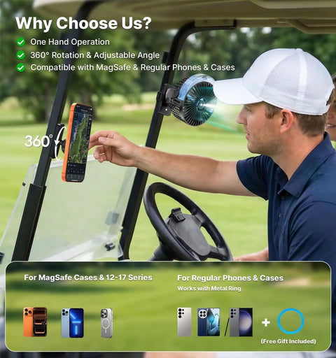 Man adjusting phone holder with magnetic fan on golf cart featuring Magnetic Golf Cart Misting Fan And Phone Holder Gift Set For Dads And Golfers Rechargeable Portable Cooling Accessory For The Course Or Cruise Ezgo Club Car Yamaha Compatible Perfect Gift.