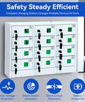 Solid Heavy Duty Steel 12 Slot Cell Phone Storage Lockers With Integrated Fast Charging Station And Secure Key Lock For Offices Schools And Work Crews White, front view showing slots and keys.