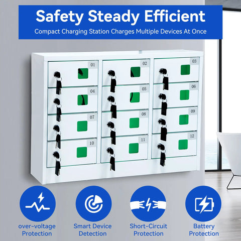 Solid Heavy Duty Steel 12 Slot Cell Phone Storage Lockers With Integrated Fast Charging Station And Secure Key Lock For Offices Schools And Work Crews White, front view showing slots and keys.