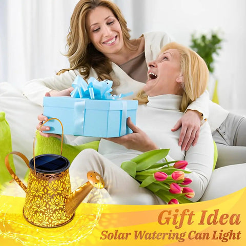 Gift of Waterproof Solar Watering Can Lights Outdoor Hanging Garden Decor with Copper Rose Pattern and tulips for celebrations