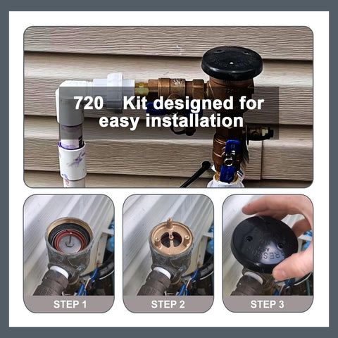 Installation steps for 720 Series Pressure Vacuum Breaker Repair Kit and Bonnet Repair Kit on Zurn Wilkins PVB assemblies.