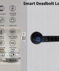 Black smart lock with fingerprint scanner, Bluetooth app control, and backup keys. Dope Smart Lock With Fingerprint And Bluetooth App For Home Security Password And Backup Keys Black Anti Corrosion Casing 4 In 1 Keyless Entry And Fast Unlock Under A Third Of A Second displayed on a door.