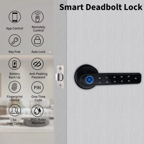 Black smart lock with fingerprint scanner, Bluetooth app control, and backup keys. Dope Smart Lock With Fingerprint And Bluetooth App For Home Security Password And Backup Keys Black Anti Corrosion Casing 4 In 1 Keyless Entry And Fast Unlock Under A Third Of A Second displayed on a door.