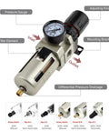 All In One Air Filter Regulator Combo For One Half NPT Systems, Semi Auto Drain, 5 Micron Brass Filter, Gauge And Mounting Bracket
