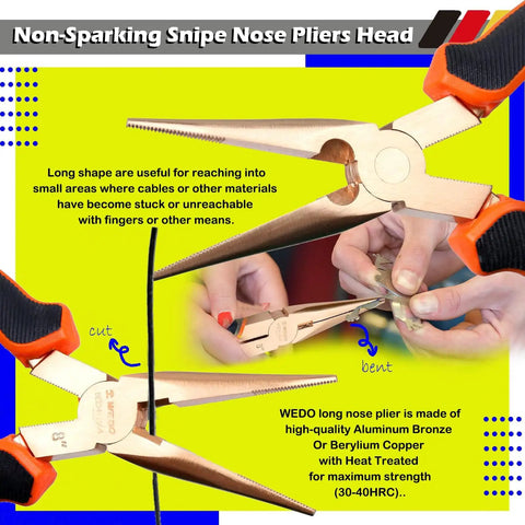 Non-magnetic, corrosion-resistant beryllium copper snipe nose pliers from No Spark 36 Piece Tool Set Spark Free Safety Kit In Non Magnetic Case