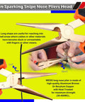 Non-sparking snipe nose pliers head in use, showcasing BeCu die-forged, corrosion-resistant material with orange grip handles.