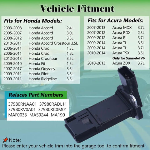 Mass Air Flow Sensor MAF for Honda Accord Civic Odyssey Pilot Acura MDX RDX RL TL Replace OE 37980 RNA A01 1-pack fitment chart