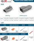 Deutsch DTM 3 Pin Connectors Kit Waterproof Electrical Wire Connectors For 20 To 22 AWG with size details and components