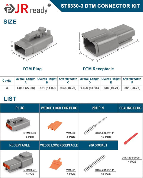 Deutsch DTM 3 Pin Connectors Kit Waterproof Electrical Wire Connectors For 20 To 22 AWG with size details and components