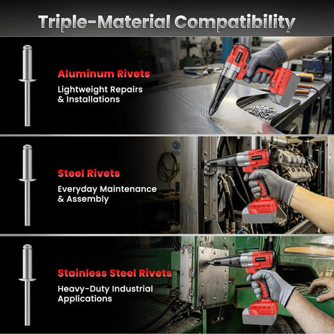 Heavy Duty Brushless Cordless Rivet Gun Compatible With Milwaukee M18 Batteries For Automotive And Jobsite Projects used with aluminum, steel, and stainless rivets.