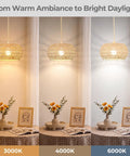 Qingmiao Boho Plug in Pendant Light with handwoven shade in 3000K, 4000K, 6000K lighting options on a table.