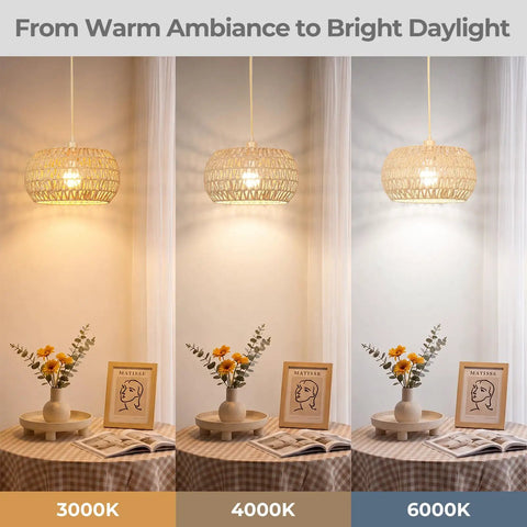 Qingmiao Boho Plug in Pendant Light with handwoven shade in 3000K, 4000K, 6000K lighting options on a table.