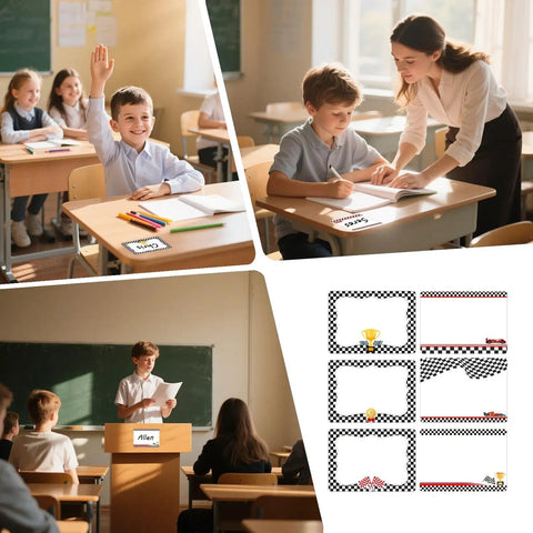 Checkered Race Car Desk Name Tags Set 2.5 By 3.5 Inches 240 Pieces With Black And White Racing Theme Flags Cars And Trophies Classroom Labels For Students And Teachers used in classroom