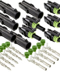Hot Rod Wiring Kit With 20 Amp Weather Pack Connectors Features Male And Female Terminals For 18 To 20 Gauge Wire Including Sealing Plugs And Housing Shrouds For Quick Disconnect Splicing Jobs That Fit Perfect., black Weather Pack connector housings, terminals, and green sealing plugs for 18-20 AWG wire