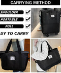 Amazon black rolling duffle bag with detachable wheels and shoulder strap; front and side views